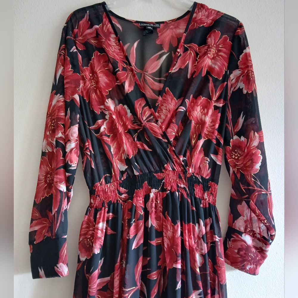 ALEXA B NITES Black‎ Red Smocked Waist Lined Petite Size 12